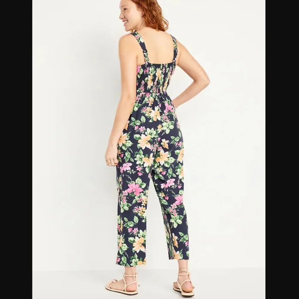 NEW Old Navy Wide Leg Blue Floral Linen-Blend Adjustable Strap Jumpsuit - MP - Picture 2 of 13